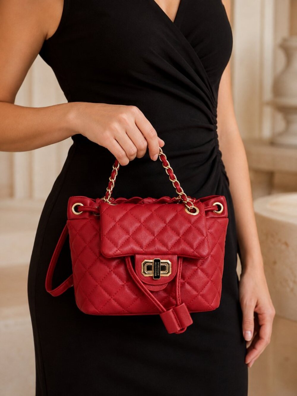 Badgley Mischka Red Quilted Vegan Leather Micro Mini Backpack NWT